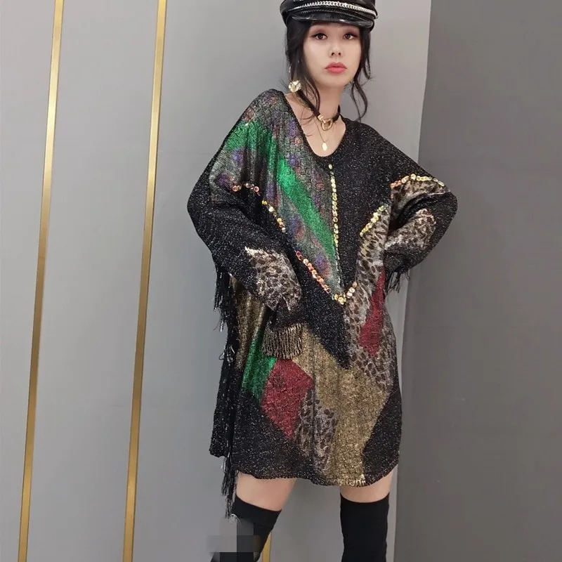 Fashion Knitting Shirts Dress Street Batwing Sleeve V-Neck Leopard Print Sweater Dress Black Tassel Loose Pullover Mid Dress
Fashion Knitting Shirts Dress Street Batwing Sleeve V-Neck Leopard Print Sweater Dress Black Tassel Loose Pullover Mid Dress