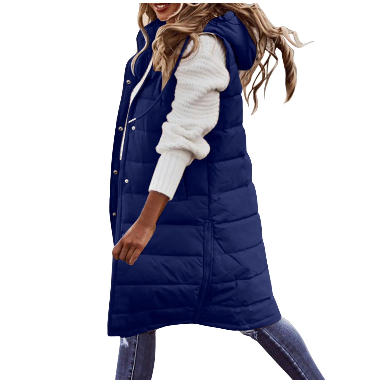 Women's Long Winter Coat Vest With Hood Sleeveless Warm Down Pockets Quilted Jacket Outdoor | Женская одежда