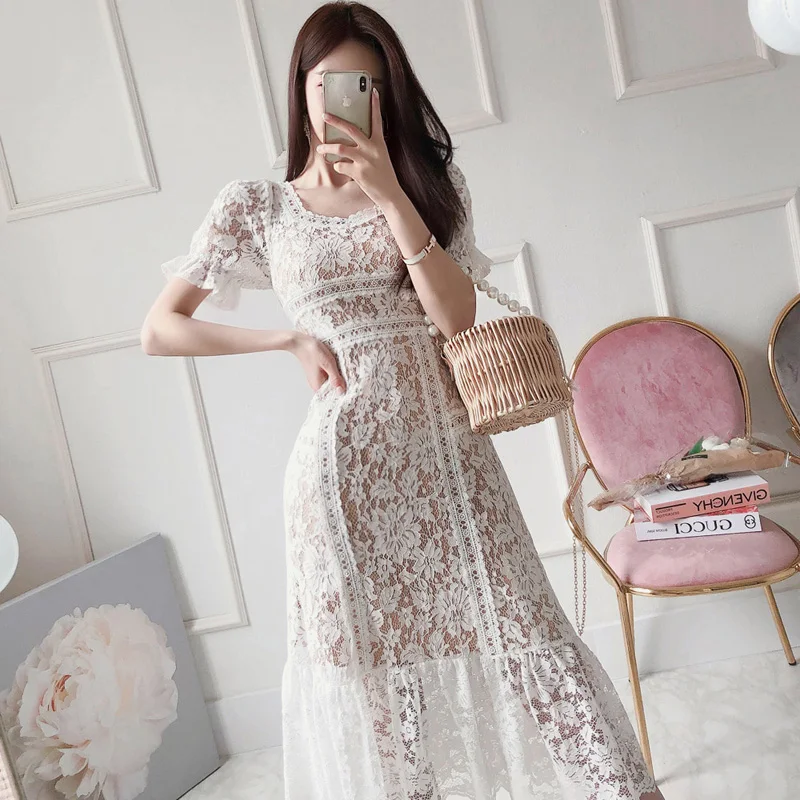 Summer Slim Lace Party Dress Women Short Sleeve Patchwork Square Collar Dresses Female Women's Hollow Out Mid-length Long Dress
Summer Slim Lace Party Dress Women Short Sleeve Patchwork Square Collar Dresses Female Women's Hollow Out Mid-length Long Dress