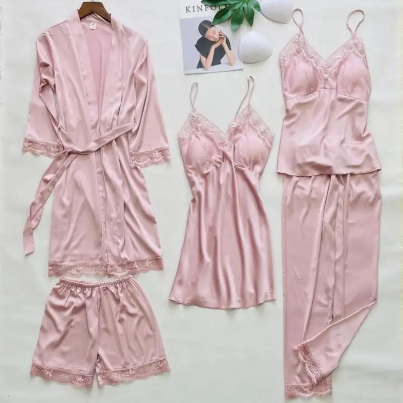 Satin 5 Piece Pajamas Suit Women Faux Silk Sleepwear Lace Pyjamas Kimono Bathrobe Gown Sexy Intimate Lingerie Home Clothes
Satin 5 Piece Pajamas Suit Women Faux Silk Sleepwear Lace Pyjamas Kimono Bathrobe Gown Sexy Intimate Lingerie Home Clothes