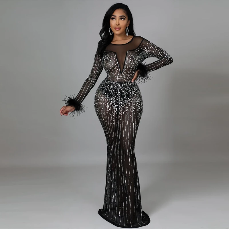 Rhinestone Sheer Mesh Bodycon Dress Women Clothing Feather Patchwork Sexy Party Dress Nightclub Fall Long Sleeve Birthday Dress
Rhinestone Sheer Mesh Bodycon Dress Women Clothing Feather Patchwork Sexy Party Dress Nightclub Fall Long Sleeve Birthday Dress