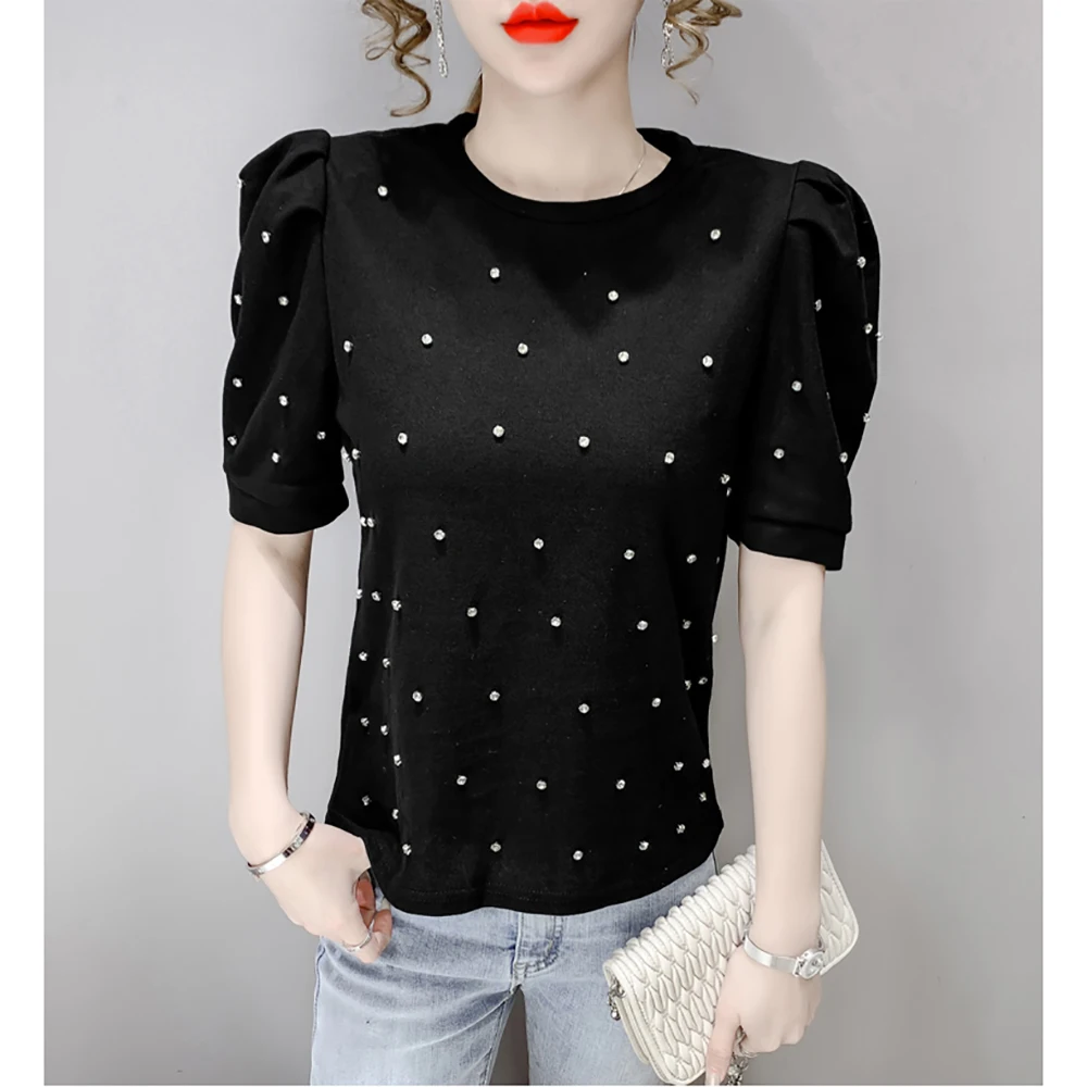 Fashion Diamond Puff Sleeve Cotton T Shirt Woman Elegant Slim Short Sleeve O-Neck Thin White Black Tops Summer Clothes For Women
Fashion Diamond Puff Sleeve Cotton T Shirt Woman Elegant Slim Short Sleeve O-Neck Thin White Black Tops Summer Clothes For Women