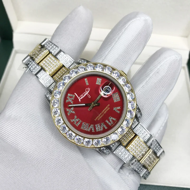 

Full diamonds Roman numerals 18K Gold case Red dial iced out watch men 41mm luxury sapphire Automatic sweeping Rolexable