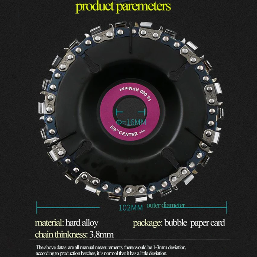 1pc 4 inch 22 tooth chain saw blades disc suitable for 4"(102mm) or 4-1/2" angle grinder for wood carving, grinding and cutting
1pc 4 inch 22 tooth chain saw blades disc suitable for 4"(102mm) or 4-1/2" angle grinder for wood carving, grinding and cutting