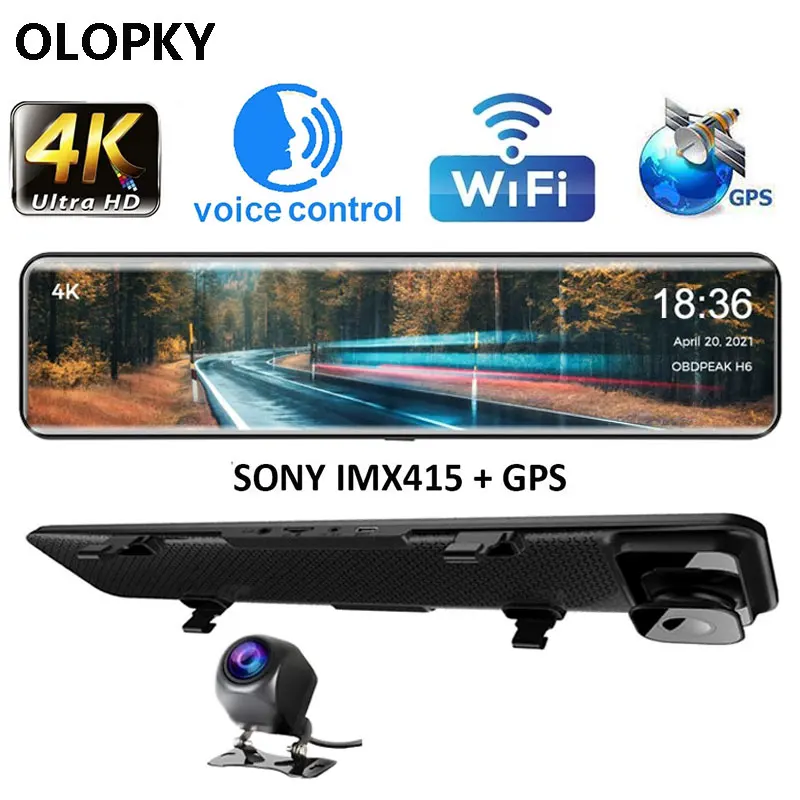 OLOPKY 12" Car DVR 4K 3840*2160P Dash Cam Sony IMX415 Rear View Mirror WIFI GPS Camera Video Recorder Parking Monitor | Автомобили и