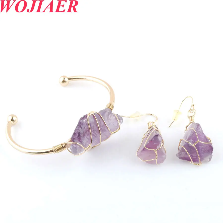 WOJIAER Trendy Gold-color Wire Wrap Jewelry Set Irregular Natural Amethysts Stone Open Cuff Bangle Hook Dangle Earring PO9328
WOJIAER Trendy Gold-color Wire Wrap Jewelry Set Irregular Natural Amethysts Stone Open Cuff Bangle Hook Dangle Earring PO9328