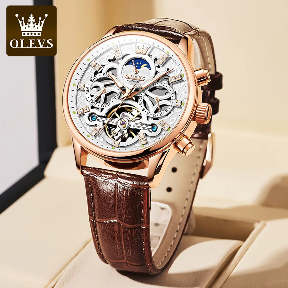 

OLEVS New Men Watch Top Brand Mens Diamond Mechanical Watches Automatic Tourbillon Skeleton Watch Men Calendar Relogio Masculino