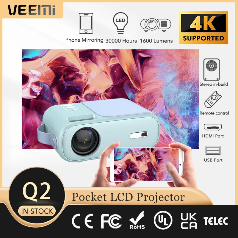 

Компактный карманный светодиодный проектор VEEMI Q2, 480P, портативный беспроводной проектор с Wi-Fi, поддержка 1080P, 4k, домашний кинотеатр