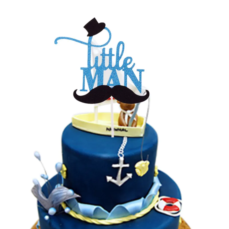 

Голубой Топпер для торта для маленьких мальчиков, украшение на день рождения, джентльменская шляпа Mustche Baby Shower, флаг для кексов, украшение «сделай сам» для вечевечерние НКИ Oh Boy
