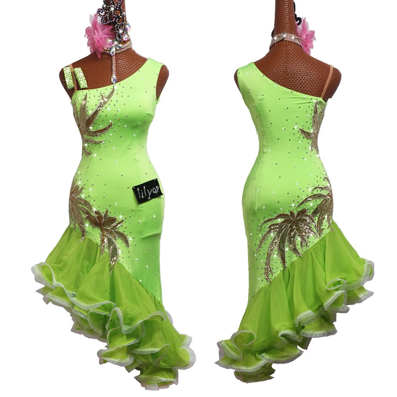 

Latin Dance Dress Fluorescent Green Rumba Cha Cha Samba Tango Shiny Rhinestone Embroidery Competition Dresses Show Wear DN4861