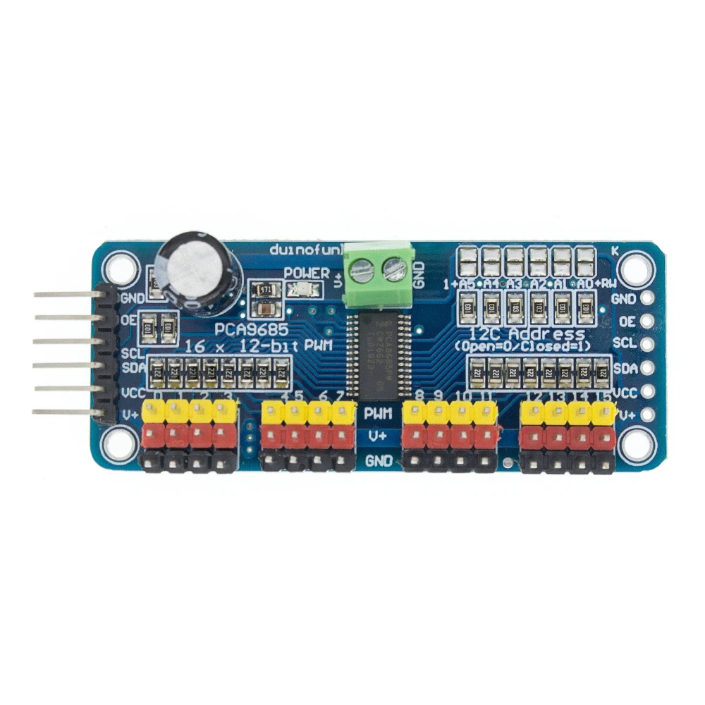16-Channel 12-bit PWM/Servo Driver - I2C interface - PCA9685 for Arduino Raspberry Pi DIY Servo Shield Module
16-Channel 12-bit PWM/Servo Driver - I2C interface - PCA9685 for Arduino Raspberry Pi DIY Servo Shield Module