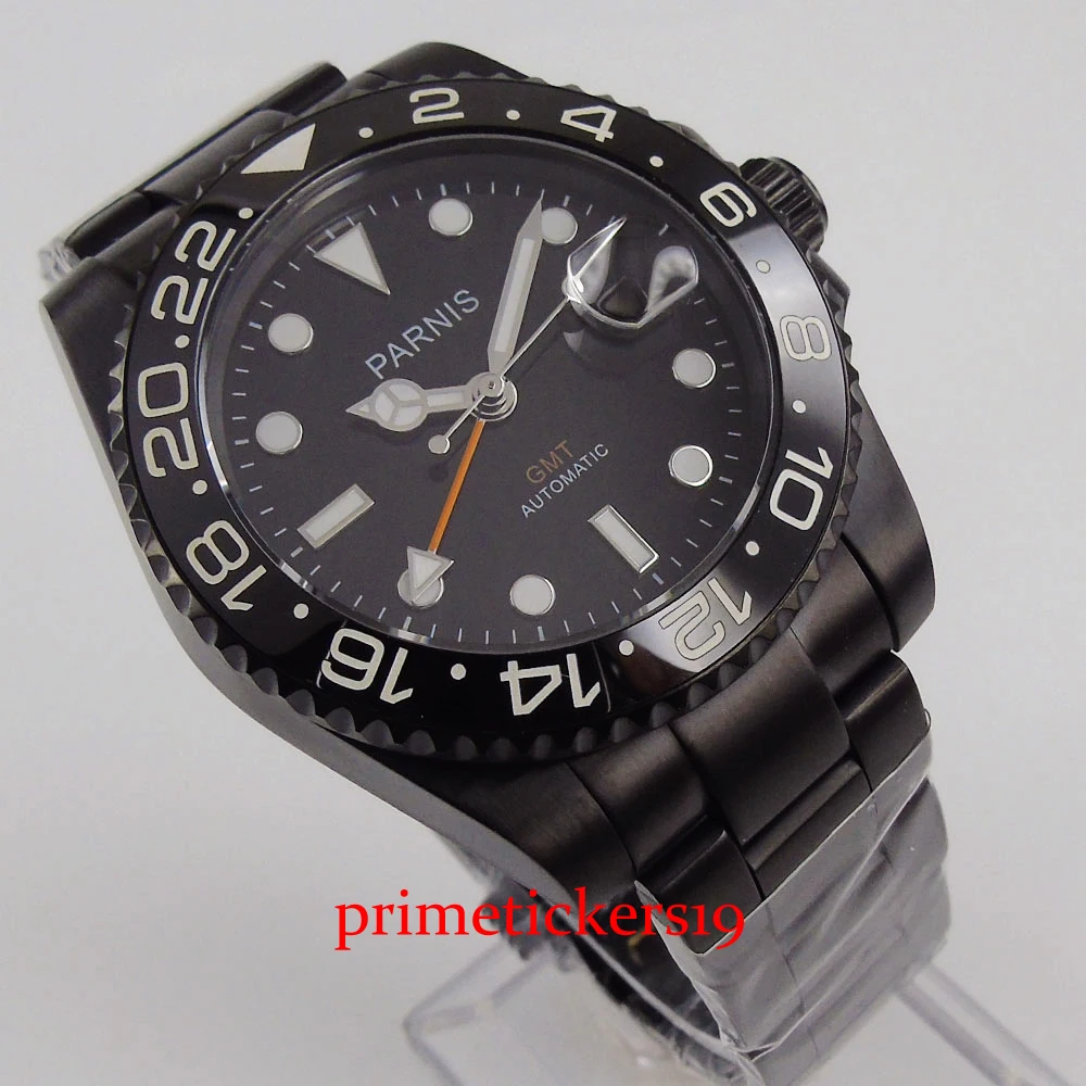 

PARNIS 40mm PVD Plated GMT Hand Date Indicator with Magnifier Rotiated Bezel Business Automatic Men's Watch