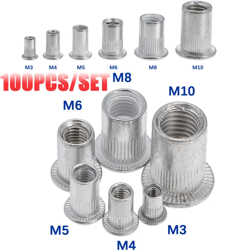 100pcs Rivet Nuts M3 M4 M5 M6 M8 M10 Aluminum Alloy Flat Head Threaded Insert Nut Rivet Cap Set Threaded Nuts
100pcs Rivet Nuts M3 M4 M5 M6 M8 M10 Aluminum Alloy Flat Head Threaded Insert Nut Rivet Cap Set Threaded Nuts