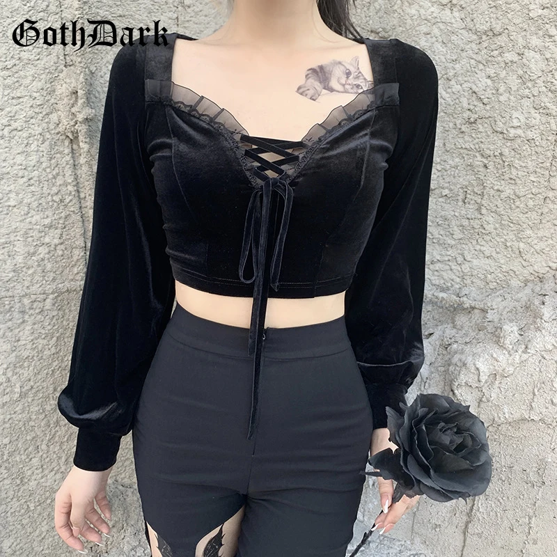 Женское бархатное короткие футболки Goth Dark черное кружевное топы с