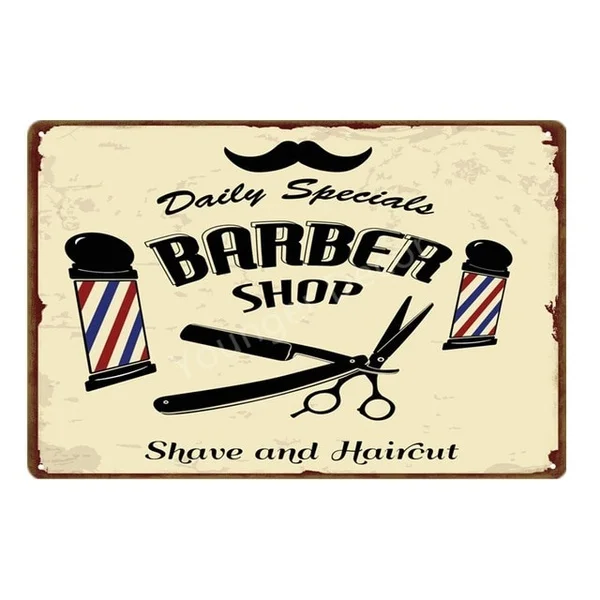 Vintage Barber Shop Metal Signs Shaving Hair Cut Poster Cafe Bar Pub Retro Plaque Haircut and Shave Beard Iron Plates YL002
Vintage Barber Shop Metal Signs Shaving Hair Cut Poster Cafe Bar Pub Retro Plaque Haircut and Shave Beard Iron Plates YL002