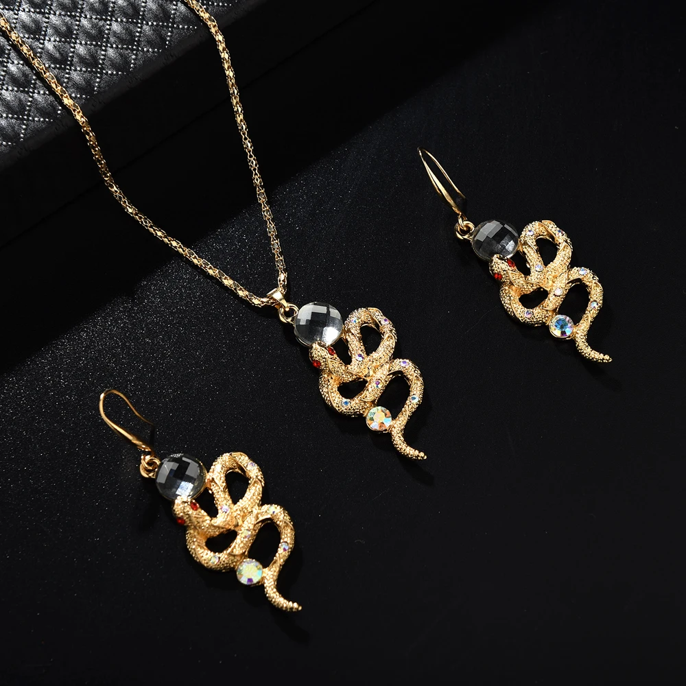 Menglina Fashion Metal Snake Necklace and Earrings Women Jewelry Set Gold Color Plated Crystal Pendant Parure Bijoux Femme | Украшения и