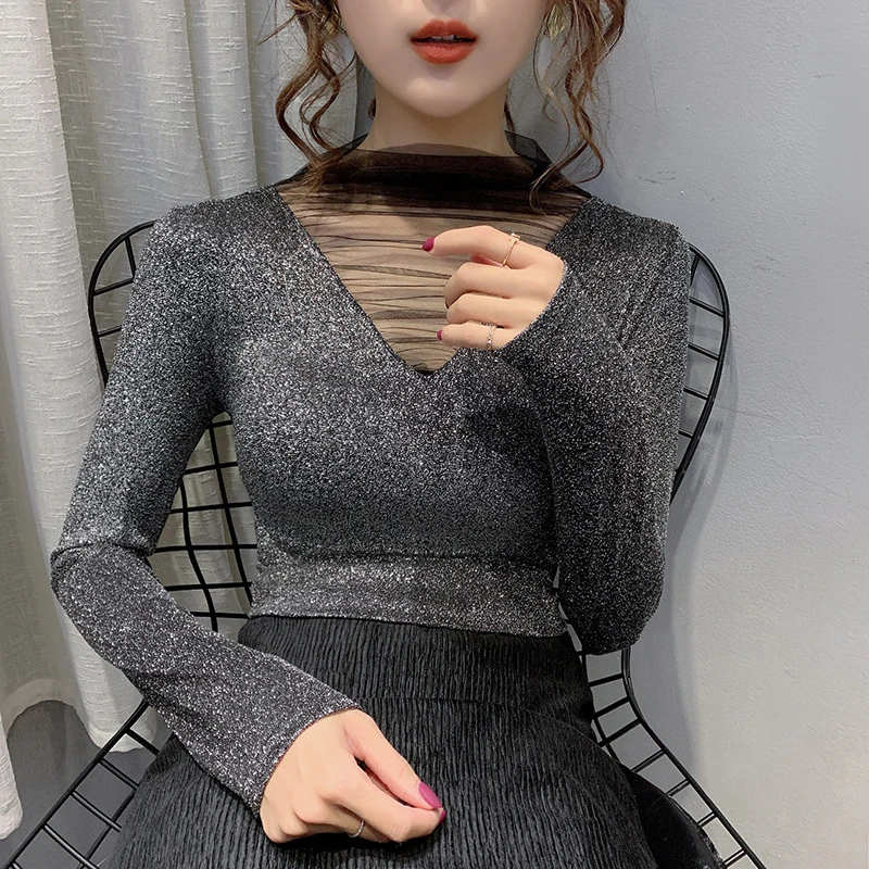 Silk Gauze Base Shirt Bright Glitter V-Collar Upper Garment Long-Sleeved All-match Solid Elastic Bottoming Shirt Slim Tops
Silk Gauze Base Shirt Bright Glitter V-Collar Upper Garment Long-Sleeved All-match Solid Elastic Bottoming Shirt Slim Tops