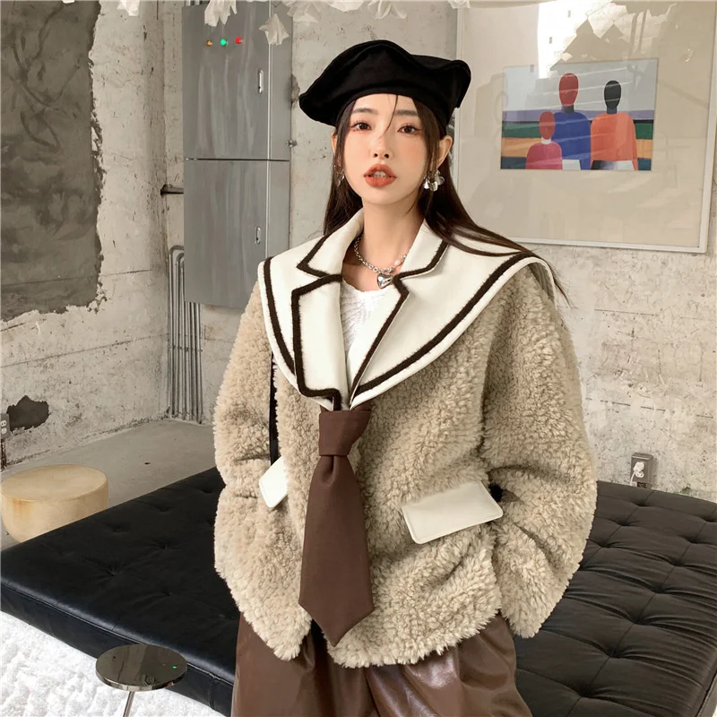College Style Navy Collar Tie Imitation Fur One.piece Coat Lamb Fur Grass Coat Winter
College Style Navy Collar Tie Imitation Fur One.piece Coat Lamb Fur Grass Coat Winter