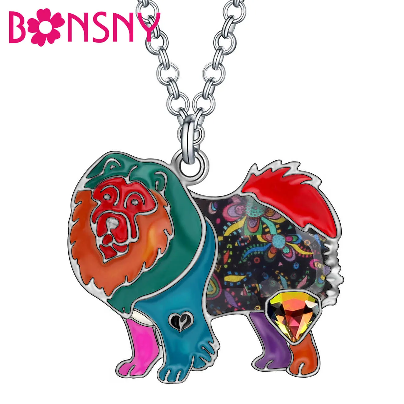 

BONSNY Rhinestone Crystal Enamel Alloy Floral Chow Chow Dogs Necklace Pendant Fashion Pets Jewelry For Women Girls Teens Gifts