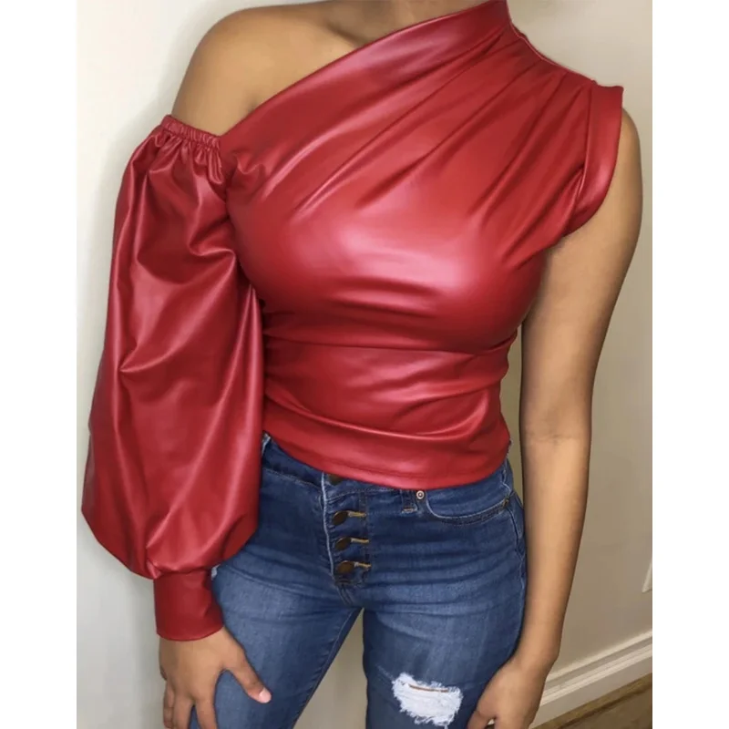 Sexy Women PU Leather One Shoulder Blouse Tops Solid Pullover Frenulum High Street Tops
Sexy Women PU Leather One Shoulder Blouse Tops Solid Pullover Frenulum High Street Tops