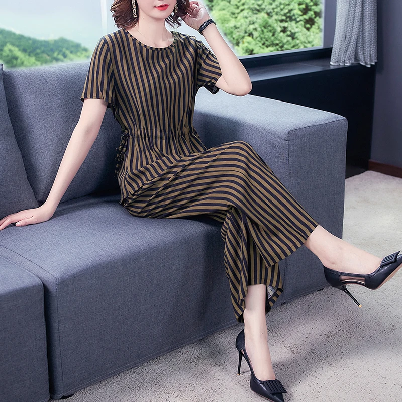 Fashion Women's Suits Summer Clothing Striped Print Cotton T-shirt Tops & Wide Leg Pants Trousers 2 Pcs Sets Feminina 4XL K267
Fashion Women's Suits Summer Clothing Striped Print Cotton T-shirt Tops & Wide Leg Pants Trousers 2 Pcs Sets Feminina 4XL K267