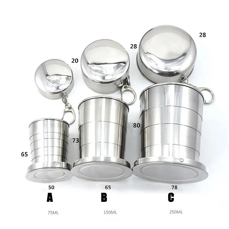 75ml/150ml/250ml Stainless Steel Camping Folding Cup Portable Outdoor Travel Folding Cup With Keychain
75ml/150ml/250ml Stainless Steel Camping Folding Cup Portable Outdoor Travel Folding Cup With Keychain