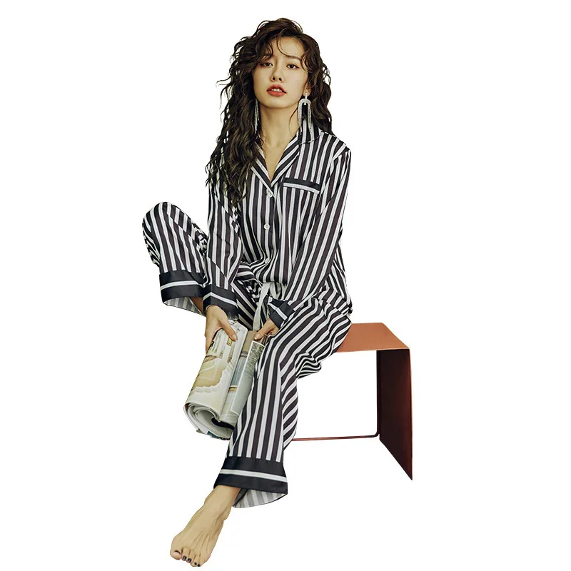 New Product Ice Silk Pajamas Spring and Summer Ladies Long-sleeved Satin Striped Suit Homewear Night Suits for Women Dormir Tops 
New Product Ice Silk Pajamas Spring and Summer Ladies Long-sleeved Satin Striped Suit Homewear Night Suits for Women Dormir Tops