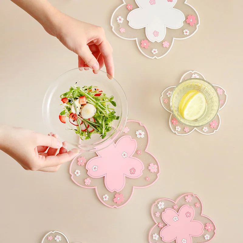 

Japanese Style Cherry Blossom Insulation Table Mat Silicone Table Mat Girl Heart Cute Non-slip Bowl Mat Tea Coaster Place Mat