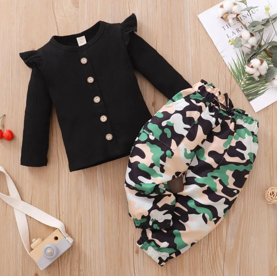 Fall Spring Children Girls 2Pcs Outfits Set Long Sleeve Button Down Ruffle Knitted Tops Camouflage Pants Warm Children's Sets
Fall Spring Children Girls 2Pcs Outfits Set Long Sleeve Button Down Ruffle Knitted Tops Camouflage Pants Warm Children's Sets
