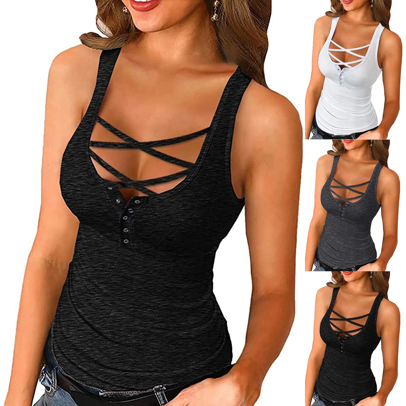 2021 European and American New summer hot style U-neck lacing vest tight-fitting sling knitted solid color sleeveless tops women
2021 European and American New summer hot style U-neck lacing vest tight-fitting sling knitted solid color sleeveless tops women