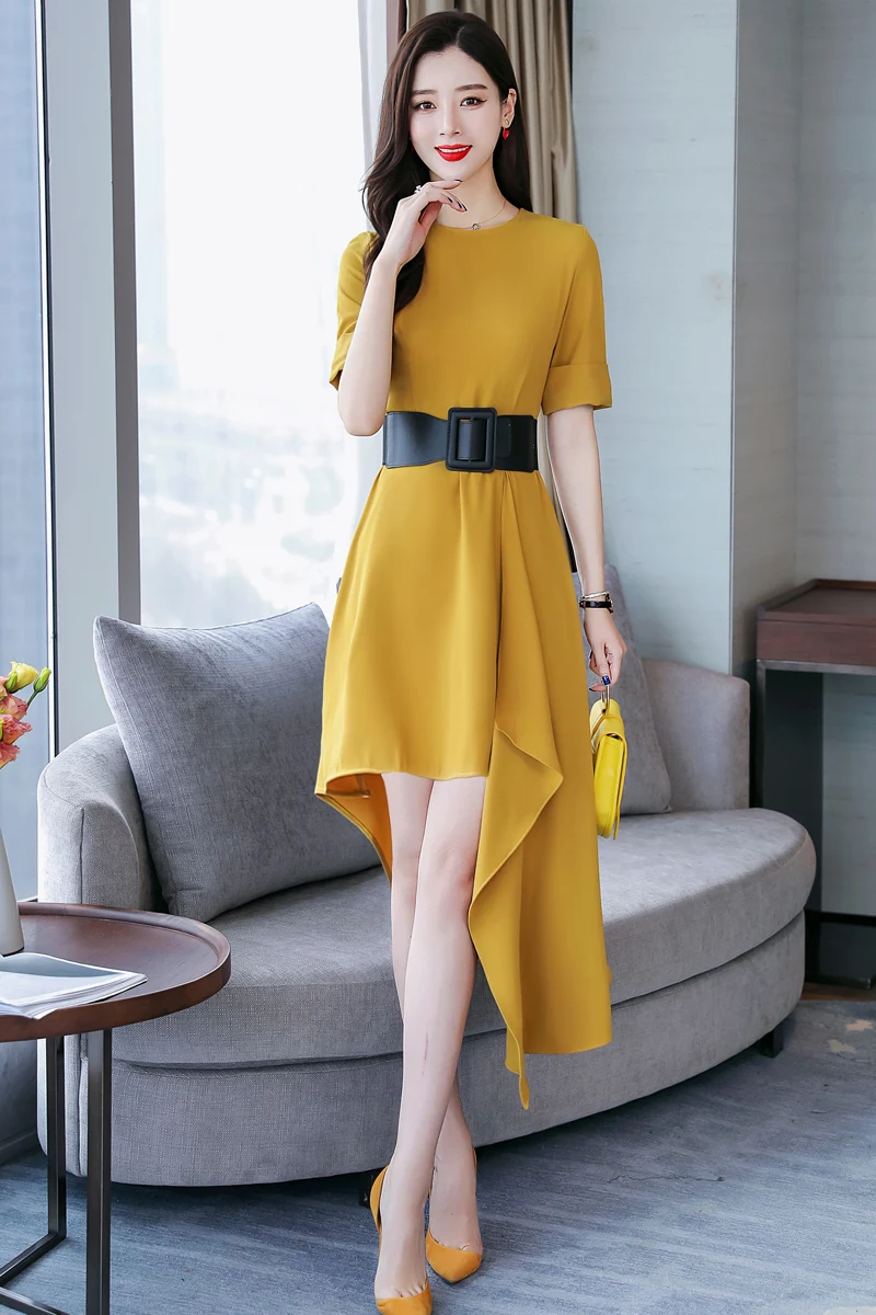 Wome Irregular Solid Dress Summer Dress Female Asymmetric Dresses High Waist Dress Short Sleeve with Belt
Wome Irregular Solid Dress Summer Dress Female Asymmetric Dresses High Waist Dress Short Sleeve with Belt