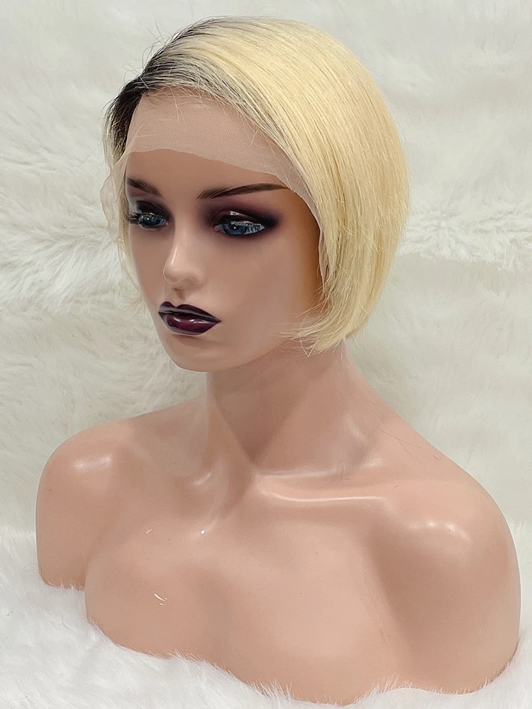 

Short Pixie Cut Wig Straight Bob Human Hair Wigs For Black Women Cheap Ombre T1B 613 Blonde Colored Human Hair Wig T Part Lace