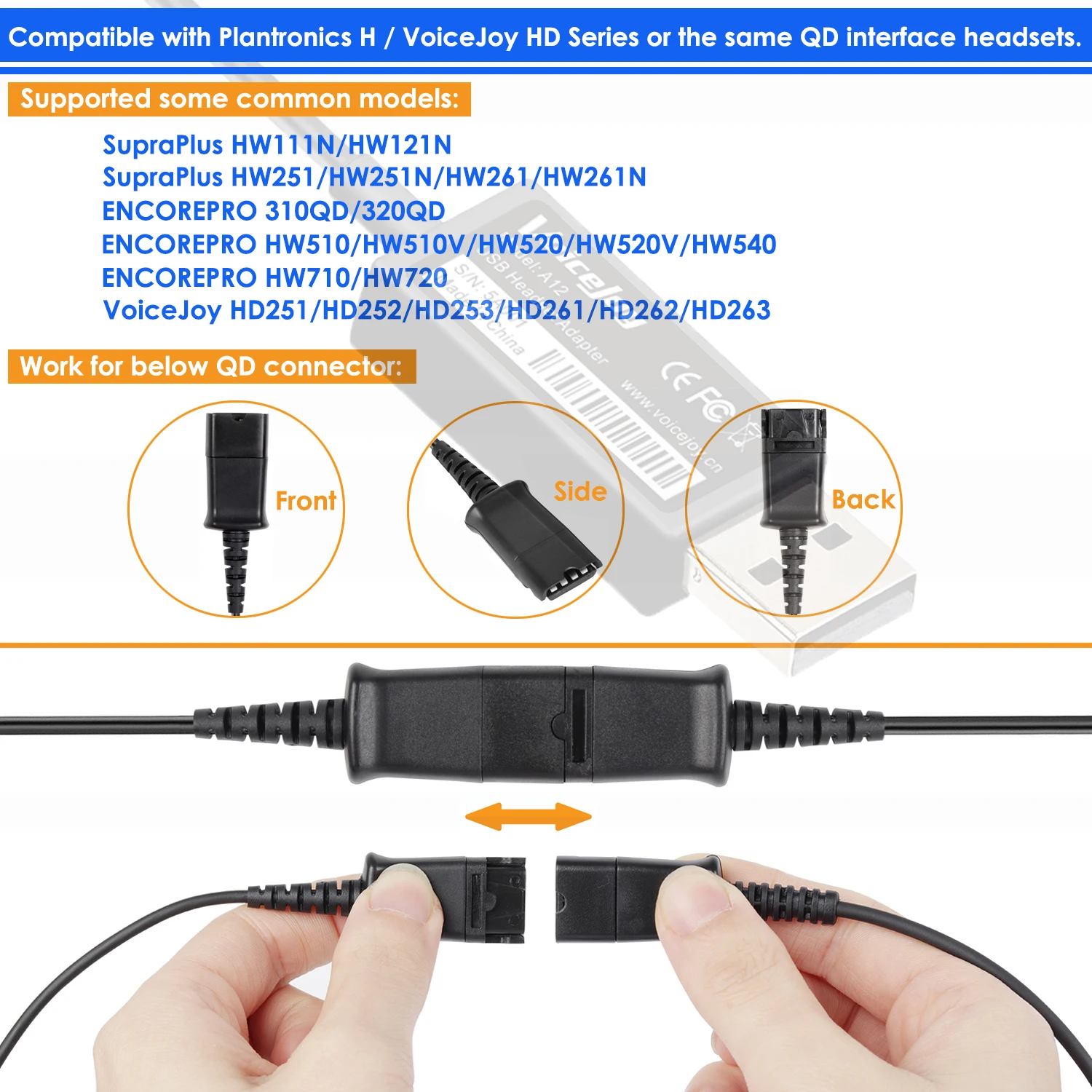 Быстроразъемный кабель QD для USB адаптера совместимого с наушниками Plantronics и