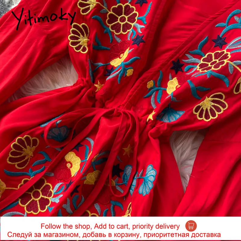 Yitimoky Vintage Fashion Embroidery Dresses Women Flare Sleeve V-Neck Lace Up A-Line Red 2021 Summer Korean New Holiday Clothing
Yitimoky Vintage Fashion Embroidery Dresses Women Flare Sleeve V-Neck Lace Up A-Line Red 2021 Summer Korean New Holiday Clothing