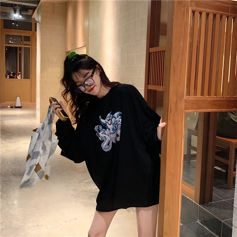 long sleeve t-shirts black o-neck print chic Women's Clothing Tees ins Harajuku casual style ladies tops spring new Female