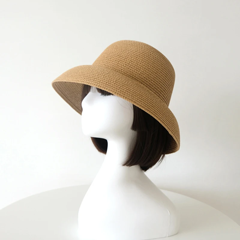 

Designer Handmade Women Summer Sun Hat Beach Japanese Hepburn Style Small-Edge Camel Fisherman Temperament Flat Straw Foldable