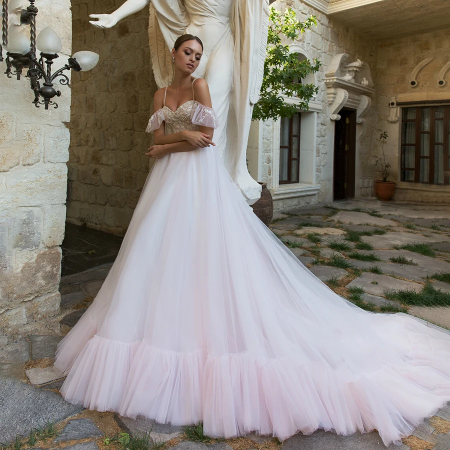 

New Arrival Spaghetti Straps with Off the Shoulder Ball Gowns Pink Tulle Bridal Dress robes de mariee robe de mariages