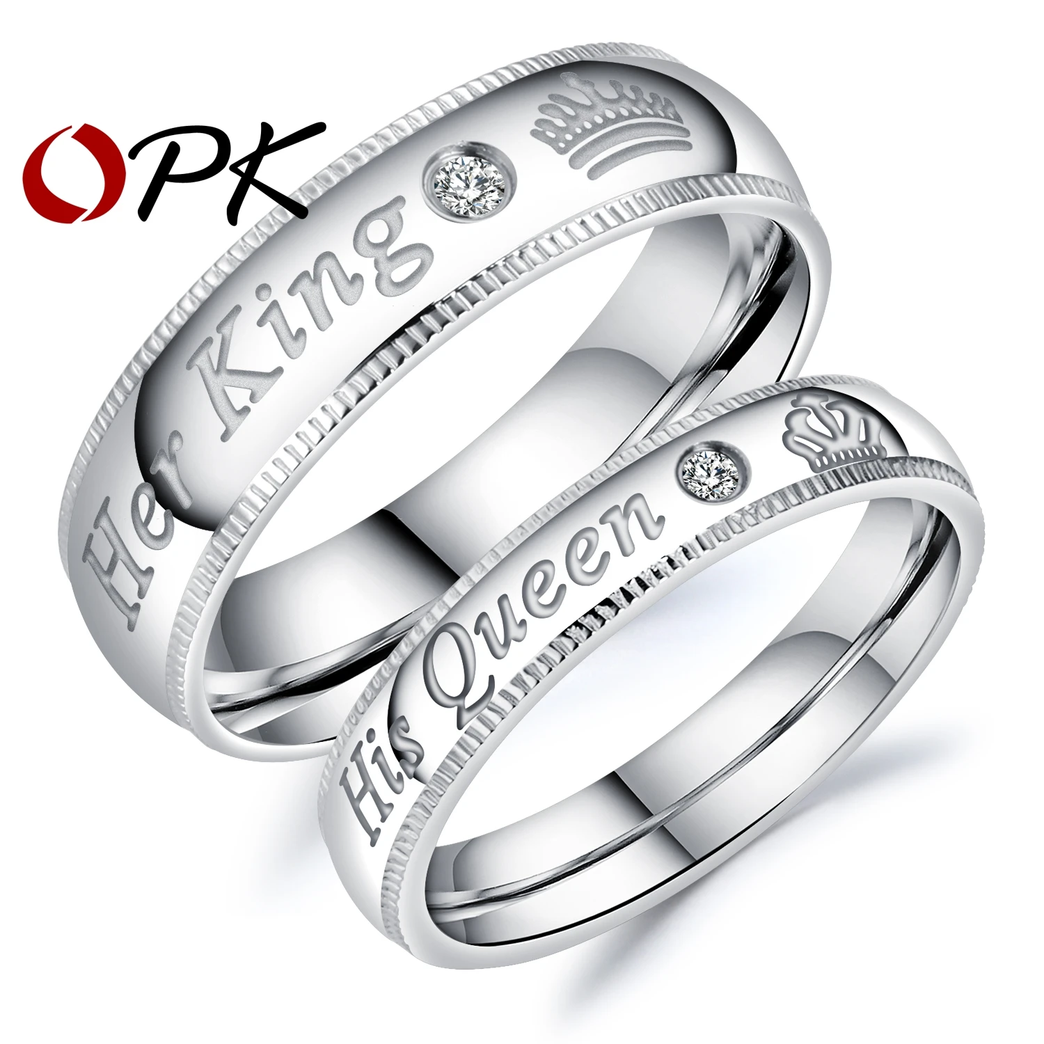 

OPK 2017 New Arrival Romantic Couple Rings "Her King His Queen" Stainless Steel Engraving Ring For Lover Best Jewelry Gift GJ607