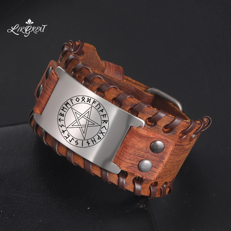 LIKGREAT Viking Norse Runes Pentacle Wide Leather Bracelets Men's Wrist Bracelet Pentagram Talisman Bangles Wiccan Pagan Jewelry
LIKGREAT Viking Norse Runes Pentacle Wide Leather Bracelets Men's Wrist Bracelet Pentagram Talisman Bangles Wiccan Pagan Jewelry