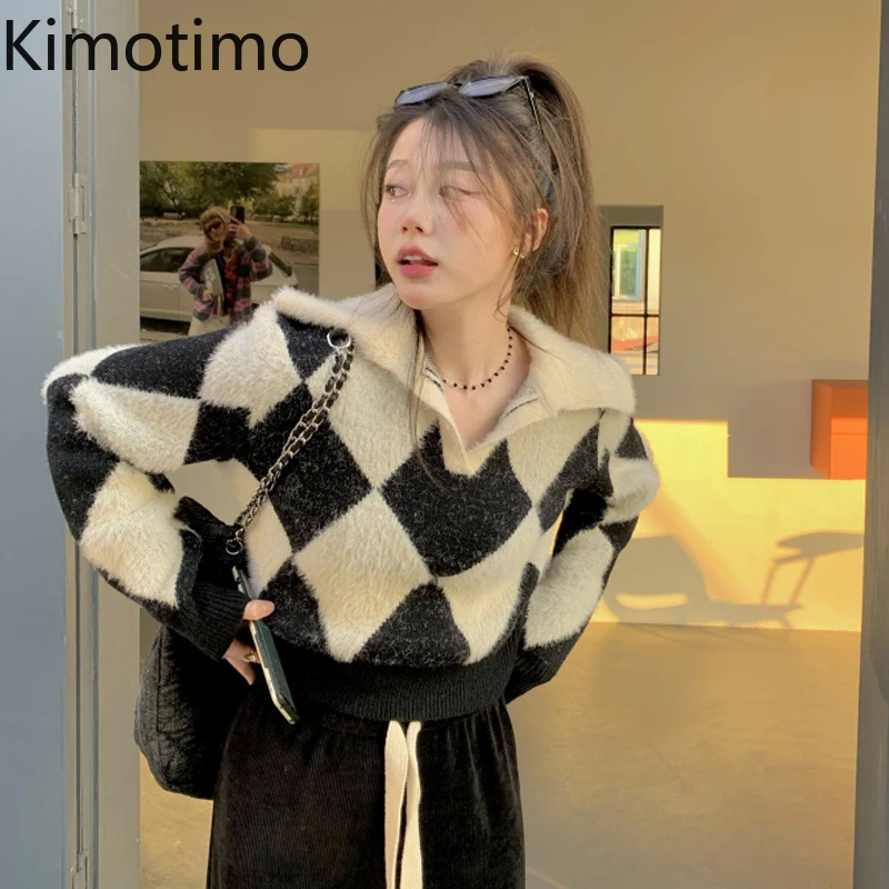 Kimotimo Argyle Sweater Women Autumn Winter Retro Turn-down Collar Crop Pullover Korean Chic Design Fashion Long Sleeve Sweaters 
Kimotimo Argyle Sweater Women Autumn Winter Retro Turn-down Collar Crop Pullover Korean Chic Design Fashion Long Sleeve Sweaters