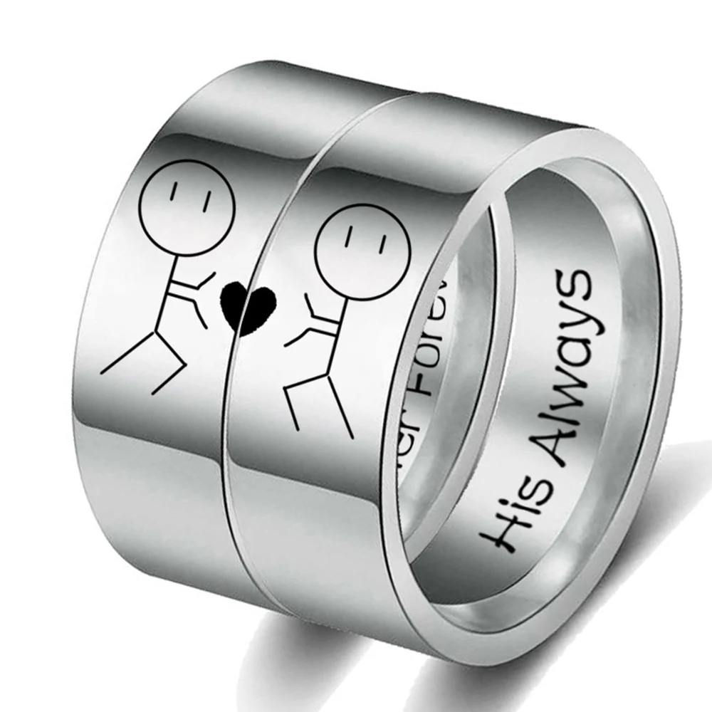 

Stainless Steel Carved Abstract People Couple Rings Her Forever & His Always Cartoon Heart Ring Fashion Valentine's Day Jewelry