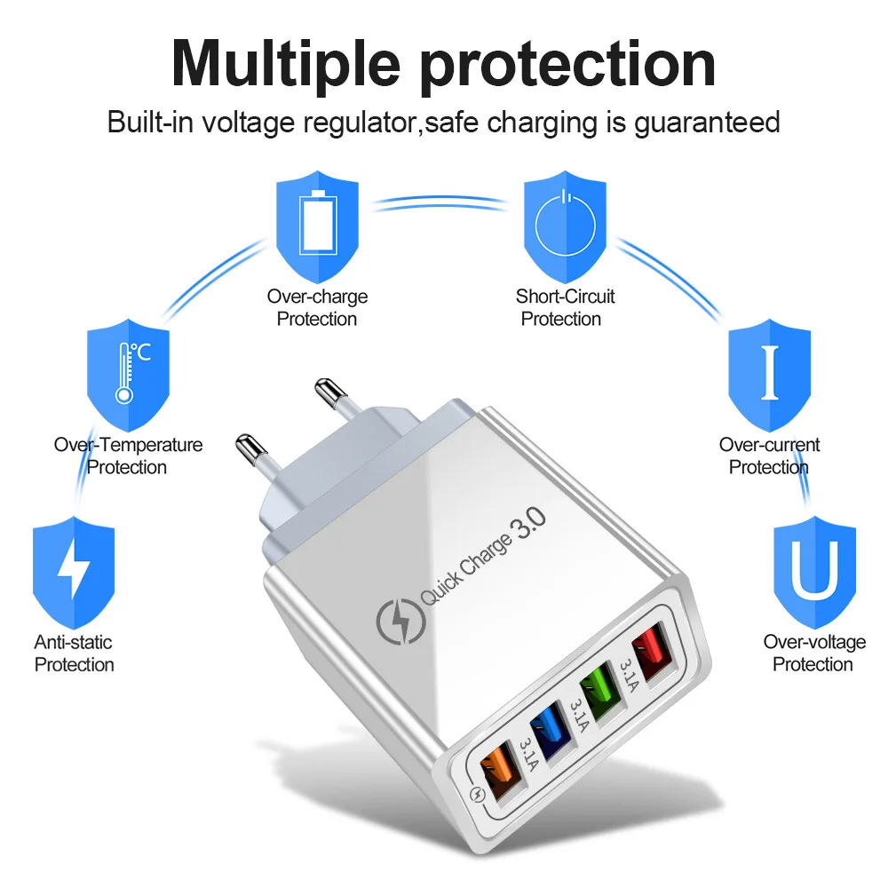 EU/US Quick Charge 3.0 Fast charger 4 USB Portable Charging Mobile Phone Charger High Quality 2020
EU/US Quick Charge 3.0 Fast charger 4 USB Portable Charging Mobile Phone Charger High Quality 2020