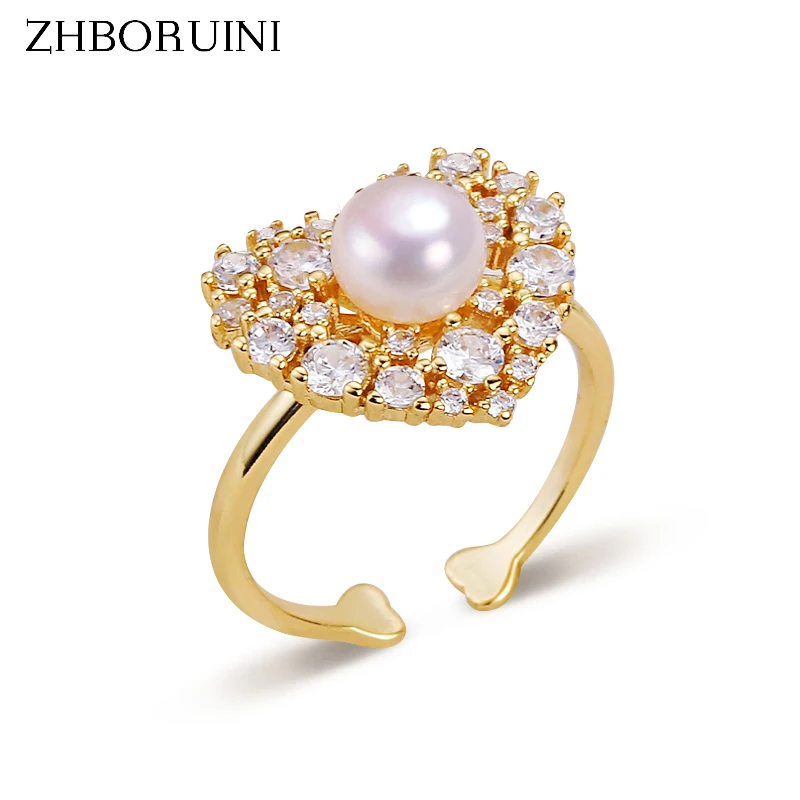 

ZHBORUINI 2021 Ins кольцо с натуральным пресноводным жемчугом Lovely Heart 14K позолоченное регулируемое кольцо с открытым хвостом ювелирные изделия для ...