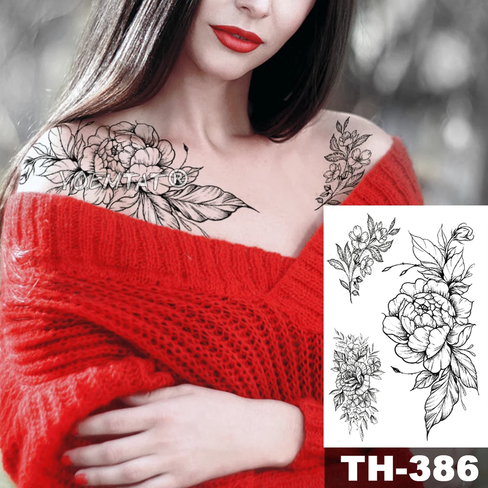 Sketch Flower Blossom Peony Rose Waterproof Temporary Tattoo Sticker Black Tattoos Body Art Arm Hand Girl Women Fake Tatoo