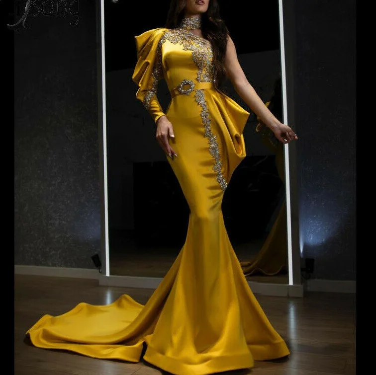 Gold Crystal Mermaid Evening Dresses One Shoulder Beaded Prom Dress High Collar Party Dress Vestidos Formales
Gold Crystal Mermaid Evening Dresses One Shoulder Beaded Prom Dress High Collar Party Dress Vestidos Formales