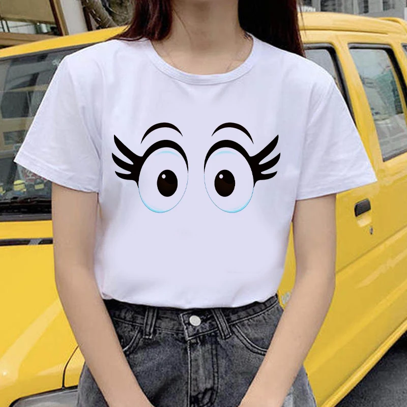 Women's T-shirt 90s Ulzzang Harajuku Graphic Funny Hand Painted Big Eyes Print Tees O Neck Casual Women's Top Clothings