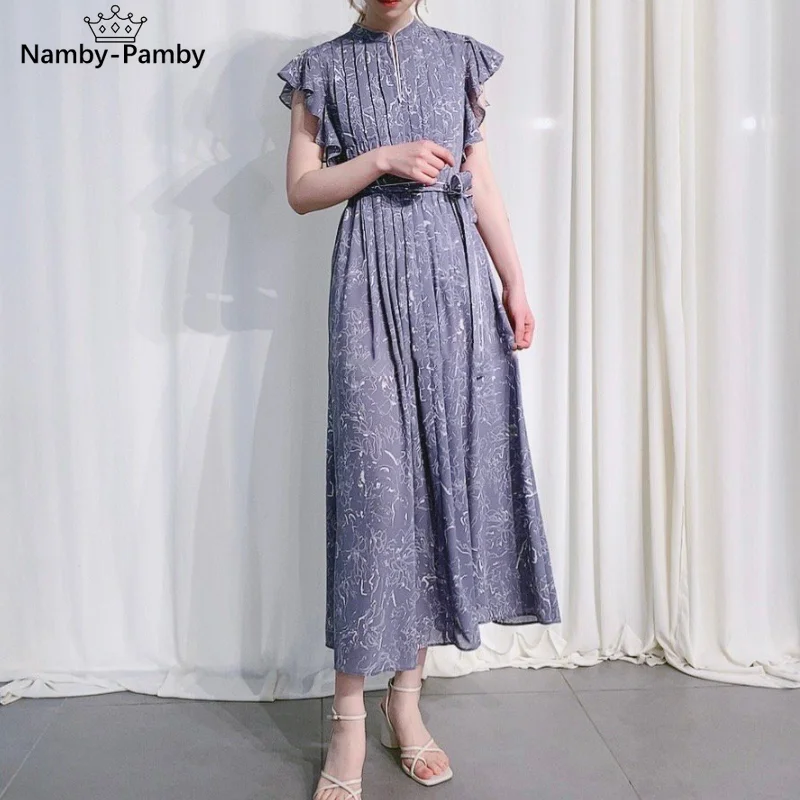 Summer Pleated Drawstring High Waist Dresses Elegant Stand Collar Flying Sleeve Woman Dress 2021 Chic Print Slim Vestidos 
Summer Pleated Drawstring High Waist Dresses Elegant Stand Collar Flying Sleeve Woman Dress 2021 Chic Print Slim Vestidos