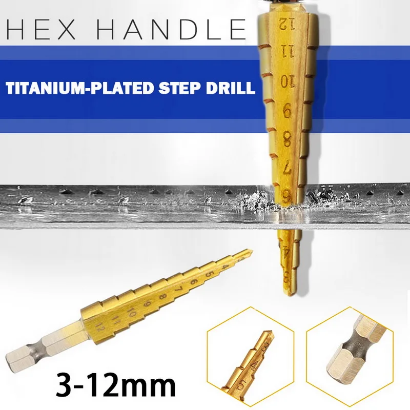 Titanium Coated Step Drill Bit 3-12mm High Speed Steel Drill Bit 1/4" Hex Multiple Hole Tools
Titanium Coated Step Drill Bit 3-12mm High Speed Steel Drill Bit 1/4" Hex Multiple Hole Tools