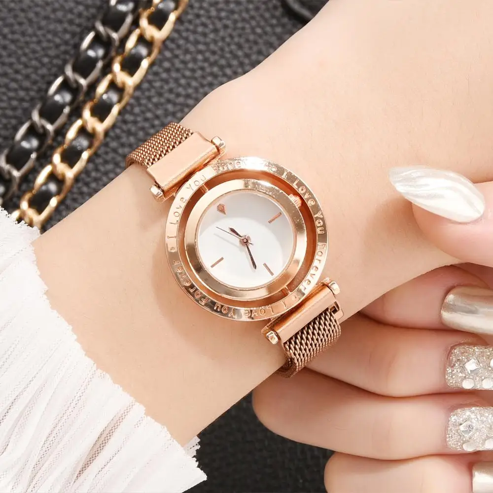 Часы наручные женские роскошные с магнитным ремешком из розового золота |