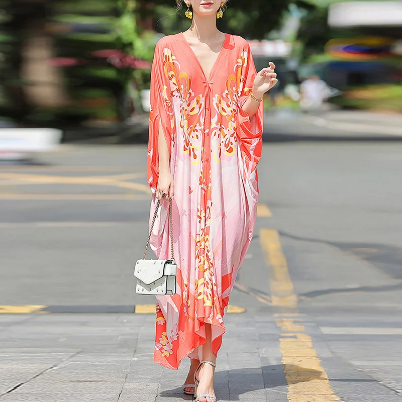 2021 Designer Fashion Summer Dress Women V-Neck Flower Printed Batwing Sleeve Loose Holiday Party Maxi Long Female Dress
2021 Designer Fashion Summer Dress Women V-Neck Flower Printed Batwing Sleeve Loose Holiday Party Maxi Long Female Dress
